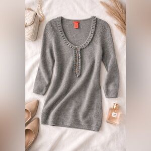 Cashmere Blend Ruffle Henley Sweater Grey Soft Feminine Knit top